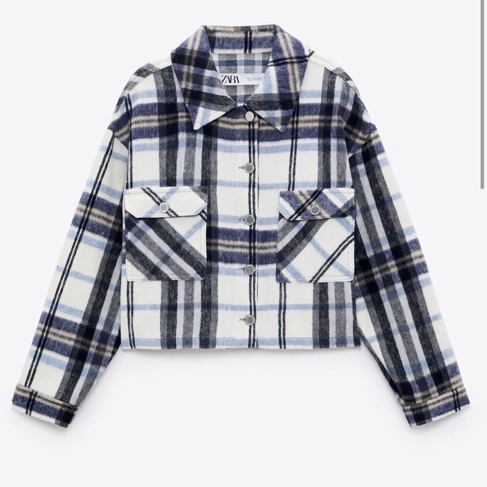 Zara blue cropped plaid flannel jacket / shacket.